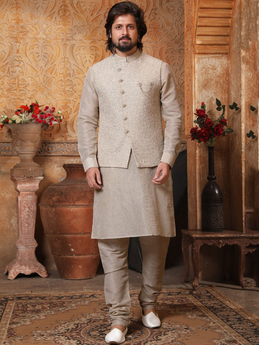 Off-white Banarasi Silk Wedding And Festival Plain Kurta with Waistcoat