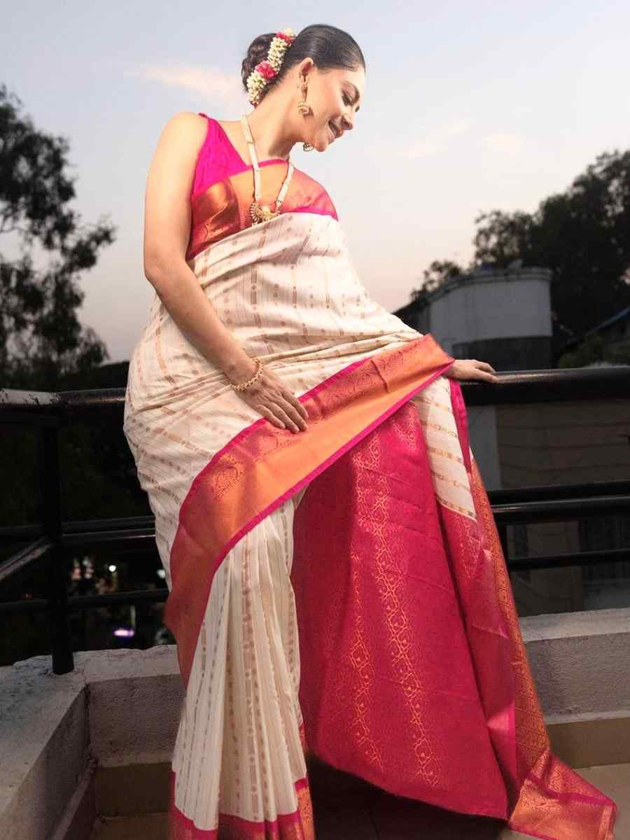 Off White Banarasi Soft Silk Jacquard Festival Wear Fancy Heavy Border Saree