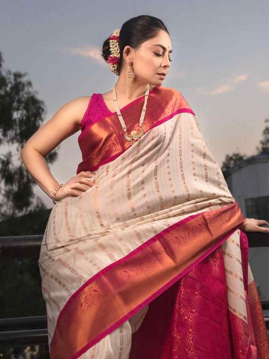 Off White Banarasi Soft Silk Jacquard Festival Wear Fancy Heavy Border Saree