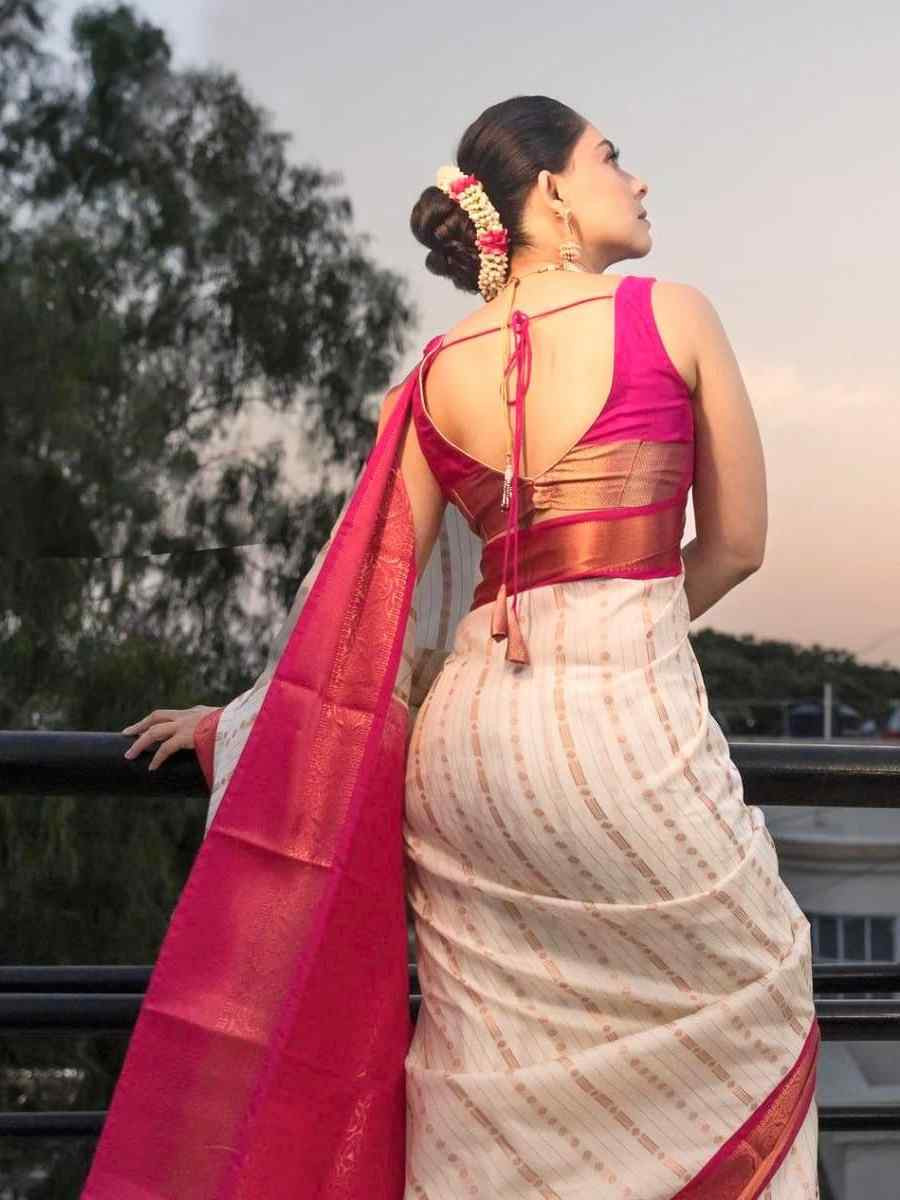 Off White Banarasi Soft Silk Jacquard Festival Wear Fancy Heavy Border Saree