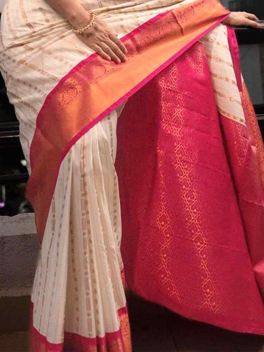 Off White Banarasi Soft Silk Jacquard Festival Wear Fancy Heavy Border Saree