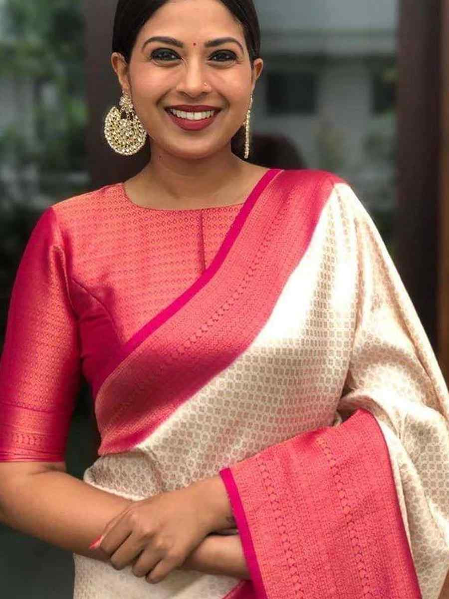 Off White Banarasi Soft Silk Jacquard Festival Wear Fancy Heavy Border Saree