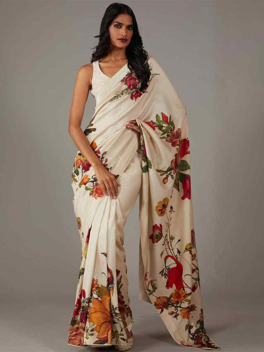 Off White Bright Moss Printed Festival Casual Contemporary Saree