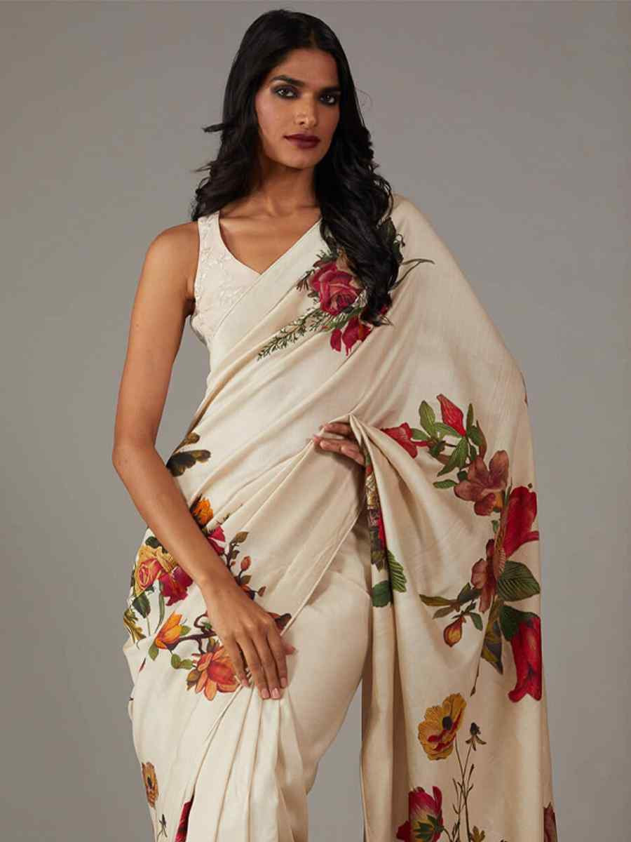 Off White Bright Moss Printed Festival Casual Contemporary Saree