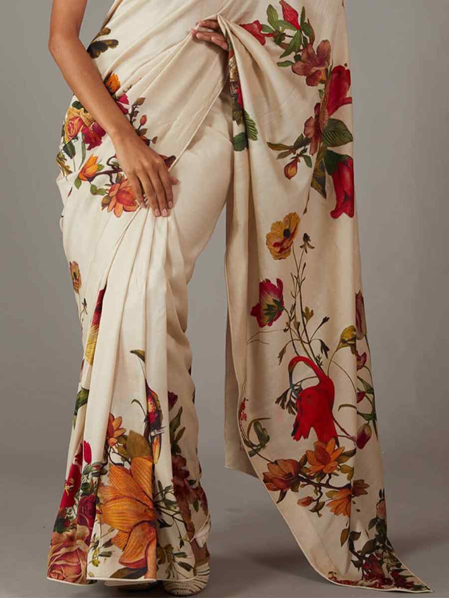 Off White Bright Moss Printed Festival Casual Contemporary Saree