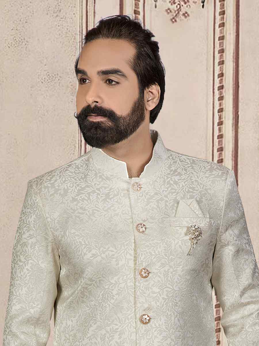 Off White Brocade Woven Festival Wedding Sherwani Kurta