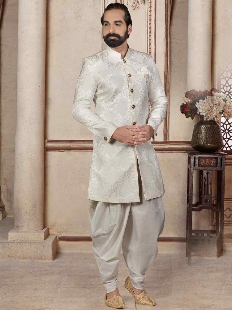 Off White Brocade Woven Festival Wedding Sherwani Kurta