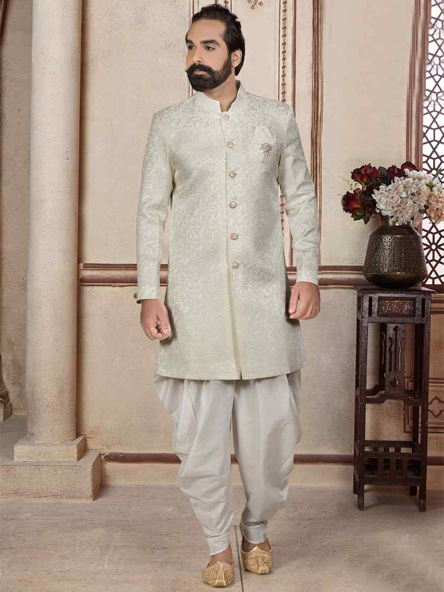 Off White Brocade Woven Festival Wedding Sherwani Kurta