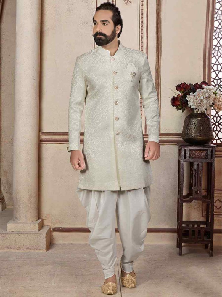 Off White Brocade Woven Festival Wedding Sherwani Kurta