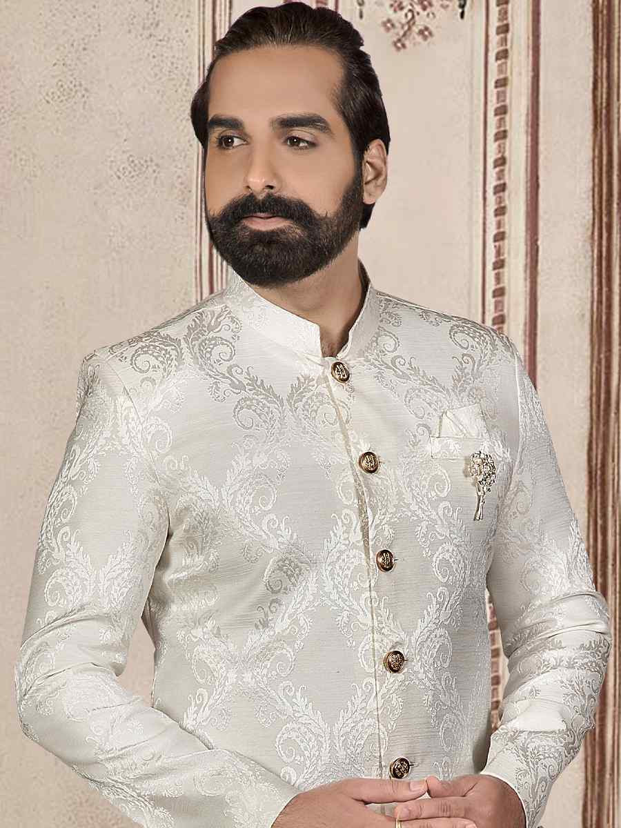Off White Brocade Woven Festival Wedding Sherwani Kurta