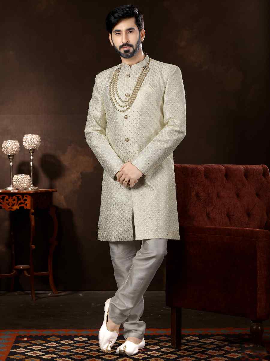 Off White Brocade Woven Wedding Party Sherwani