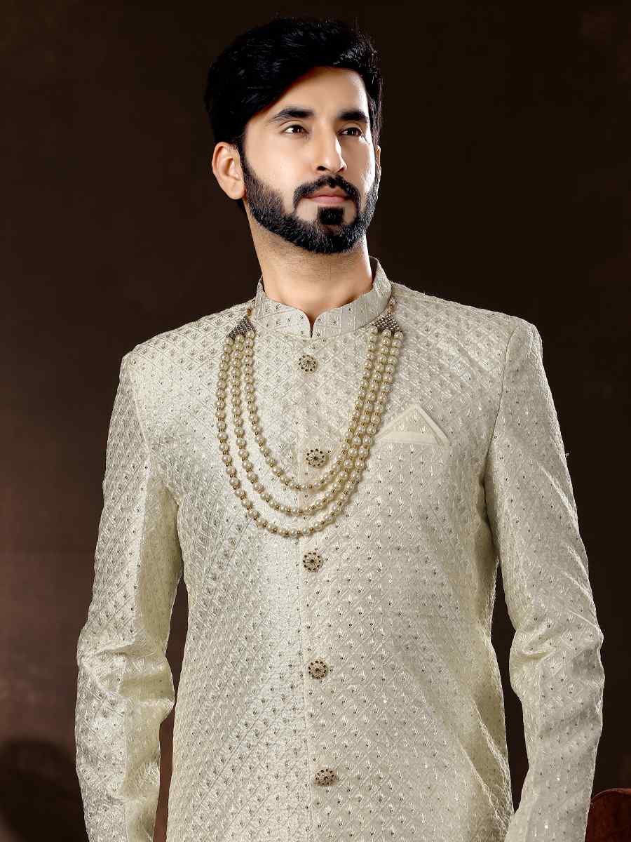Off White Brocade Woven Wedding Party Sherwani