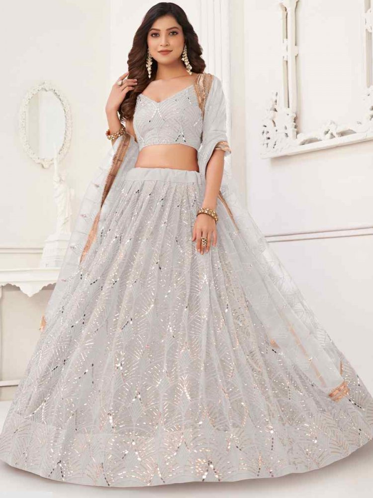 Off White Butterfly Net Embroidered Festival Wedding Circular Lehenga Choli