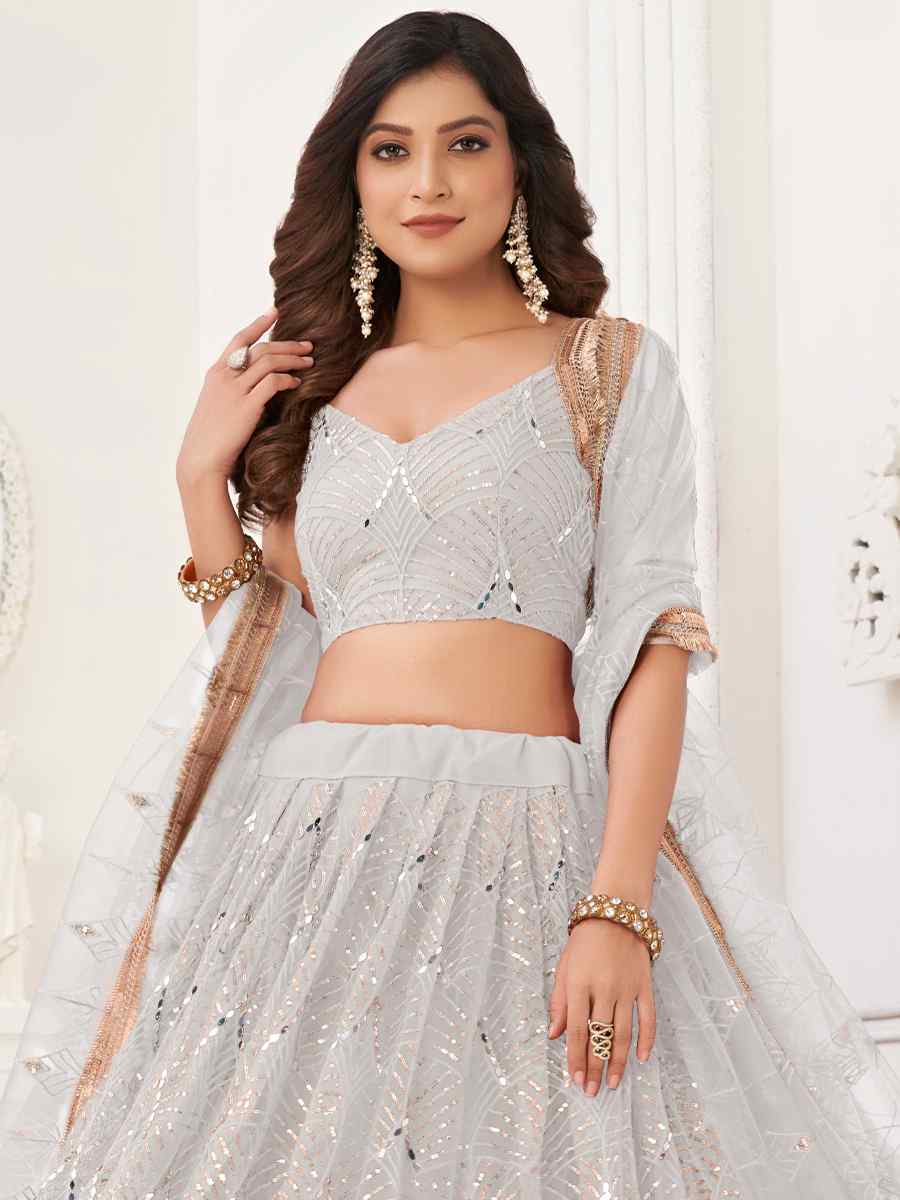 Off White Butterfly Net Embroidered Festival Wedding Circular Lehenga Choli