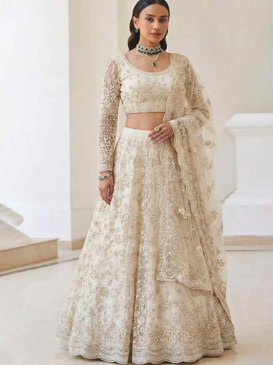 Off-White Butterfly Net Embroidery Bridal Wedding Reception Festival Heavy Border Lehenga Choli
