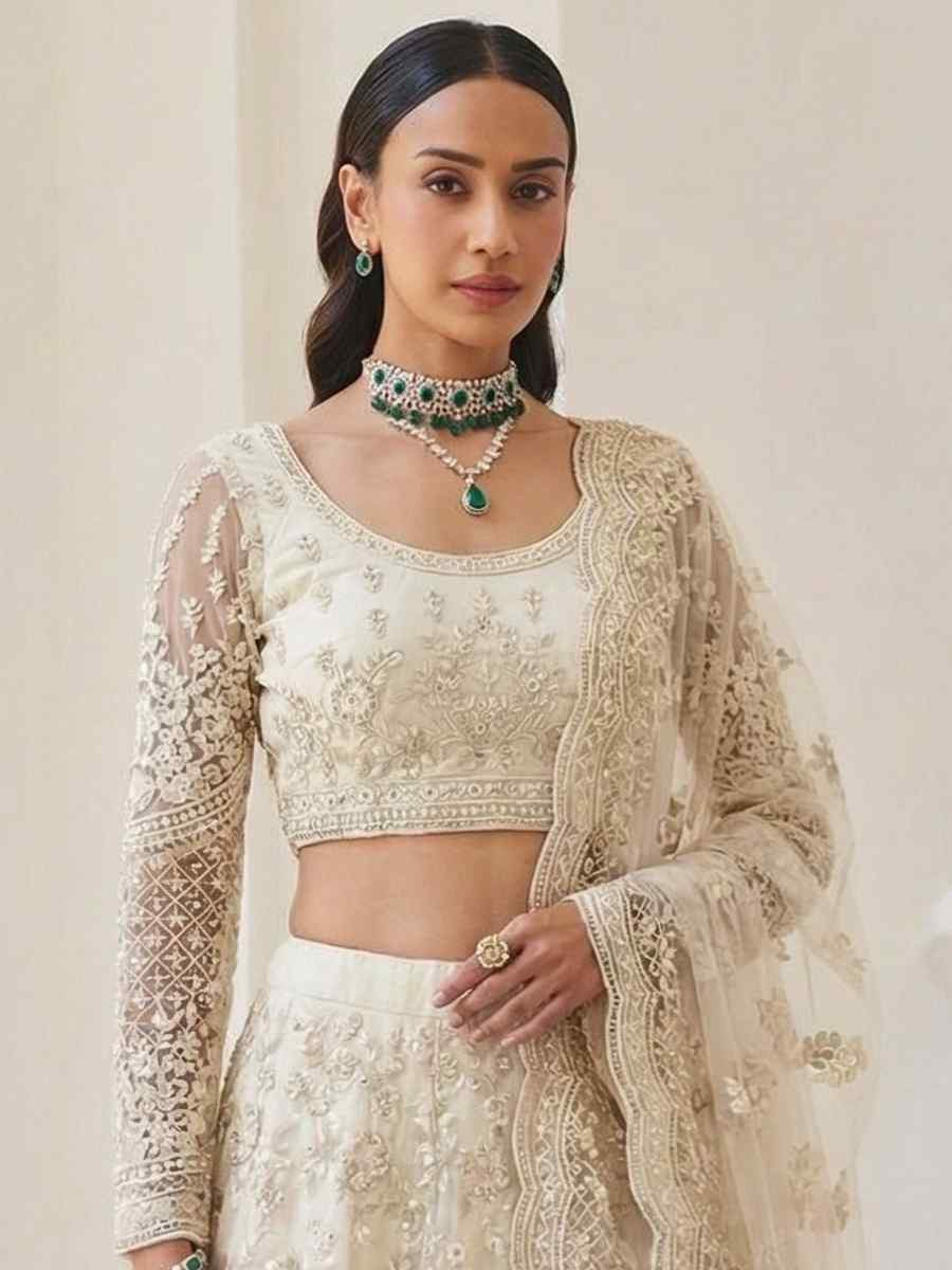 Off-White Butterfly Net Embroidery Bridal Wedding Reception Festival Heavy Border Lehenga Choli