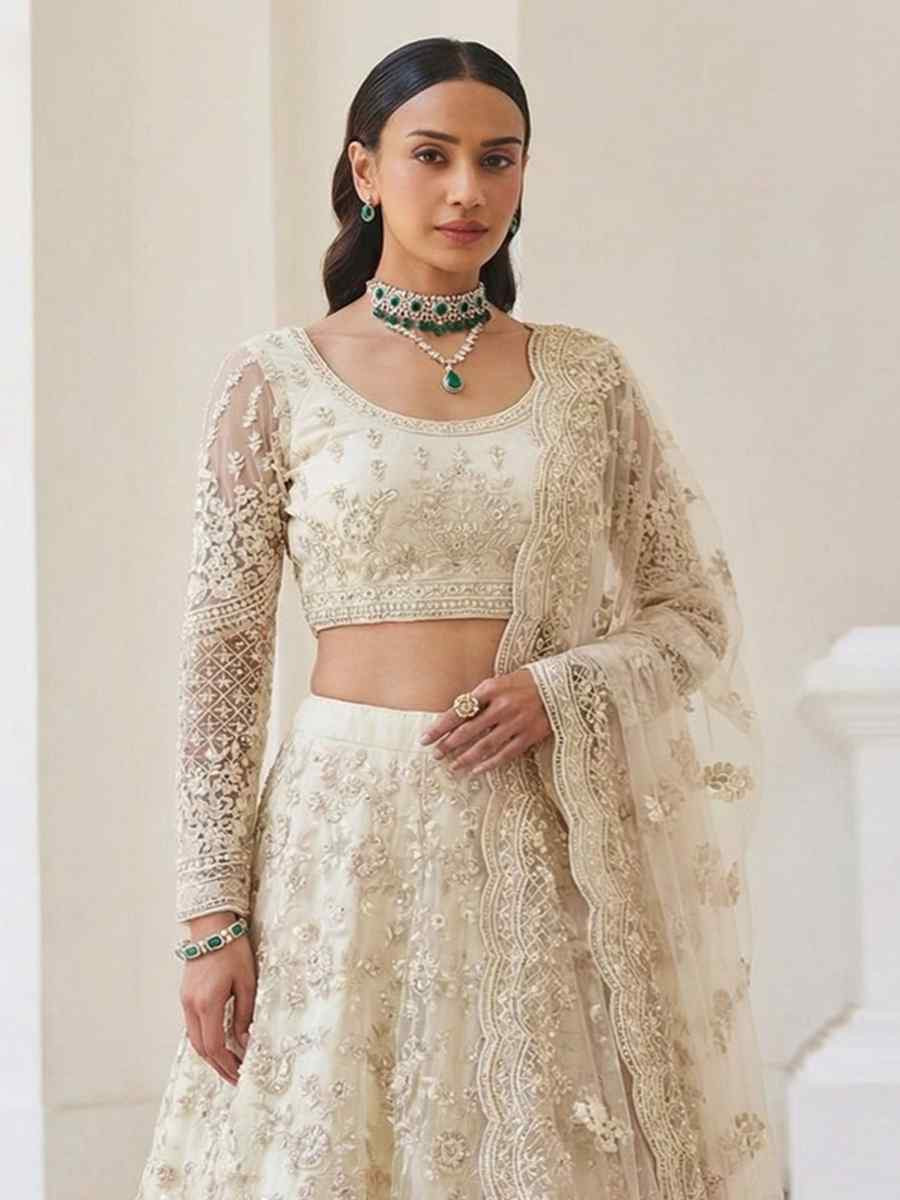 Off-White Butterfly Net Embroidery Bridal Wedding Reception Festival Heavy Border Lehenga Choli