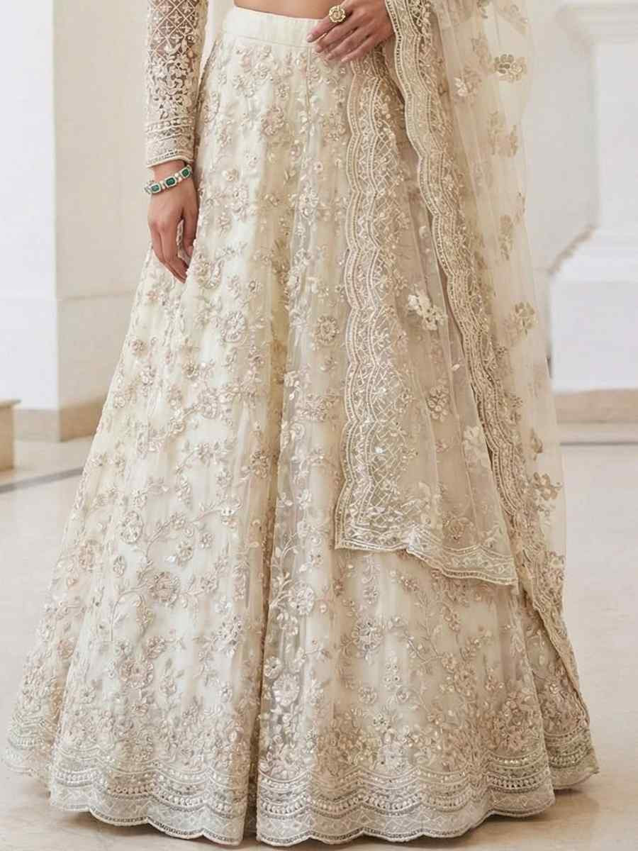 Off-White Butterfly Net Embroidery Bridal Wedding Reception Festival Heavy Border Lehenga Choli