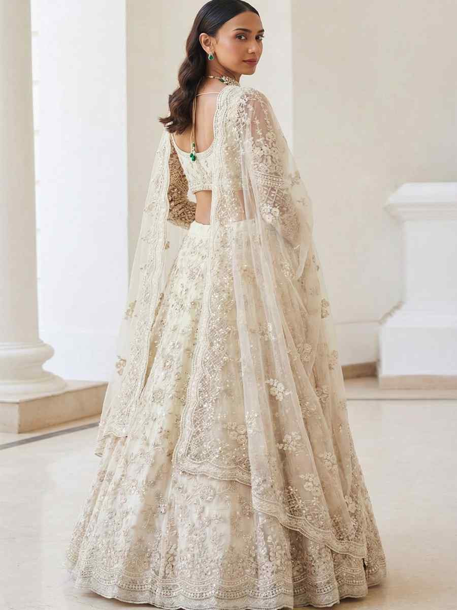 Off-White Butterfly Net Embroidery Bridal Wedding Reception Festival Heavy Border Lehenga Choli