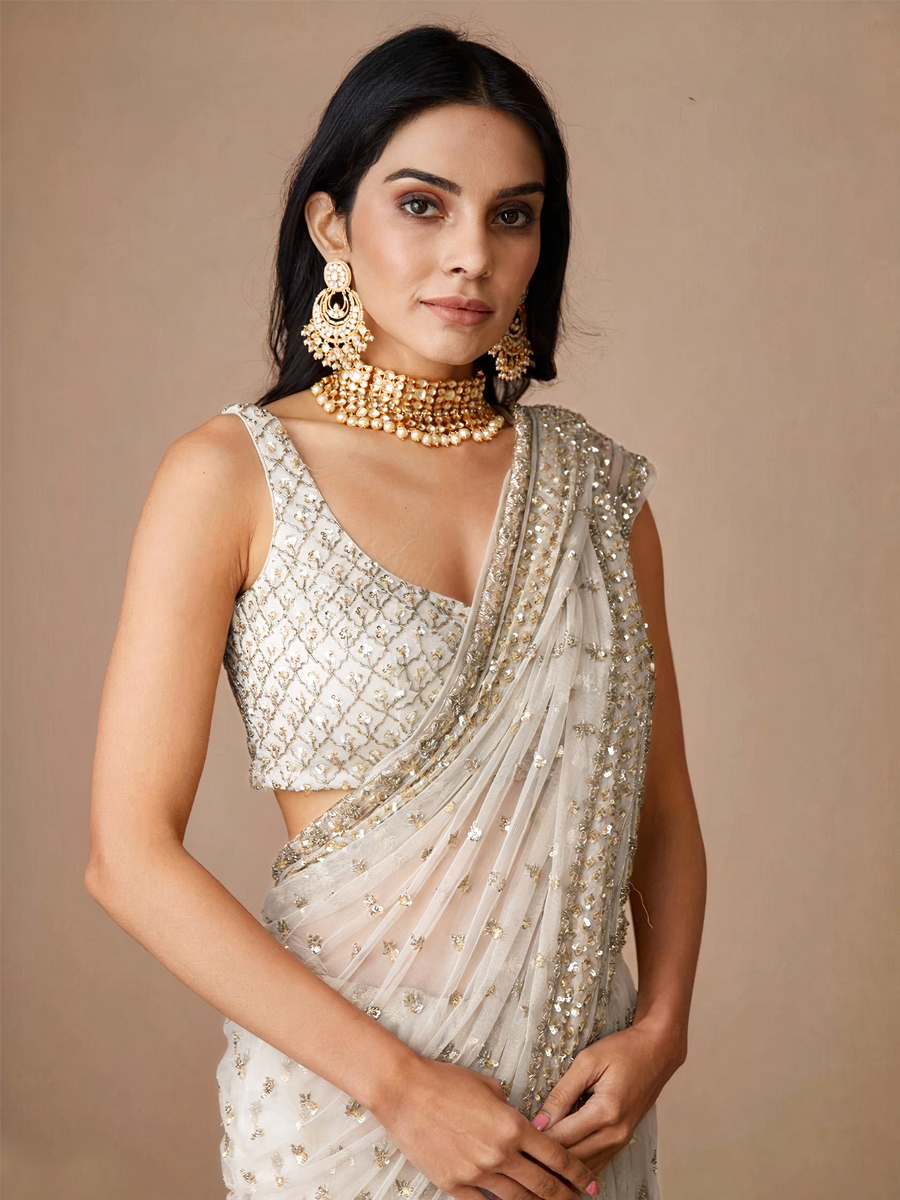 Off White Butterfly Soft Net Embroidered Wedding Party Heavy Border Saree