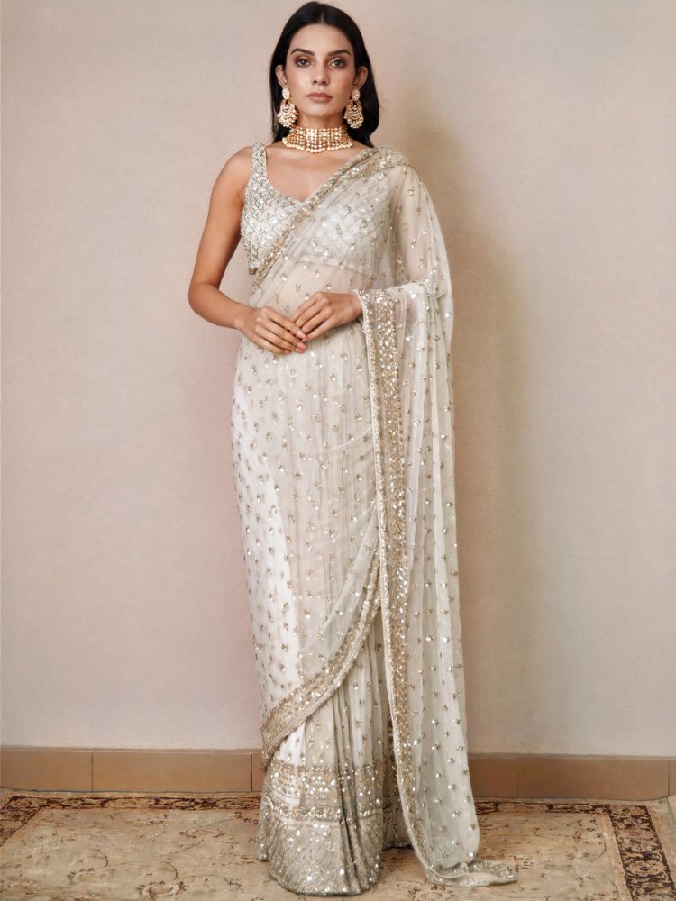 Off White Butterfly Soft Net Embroidered Wedding Party Heavy Border Saree
