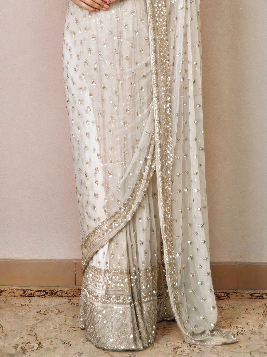 Off White Butterfly Soft Net Embroidered Wedding Party Heavy Border Saree