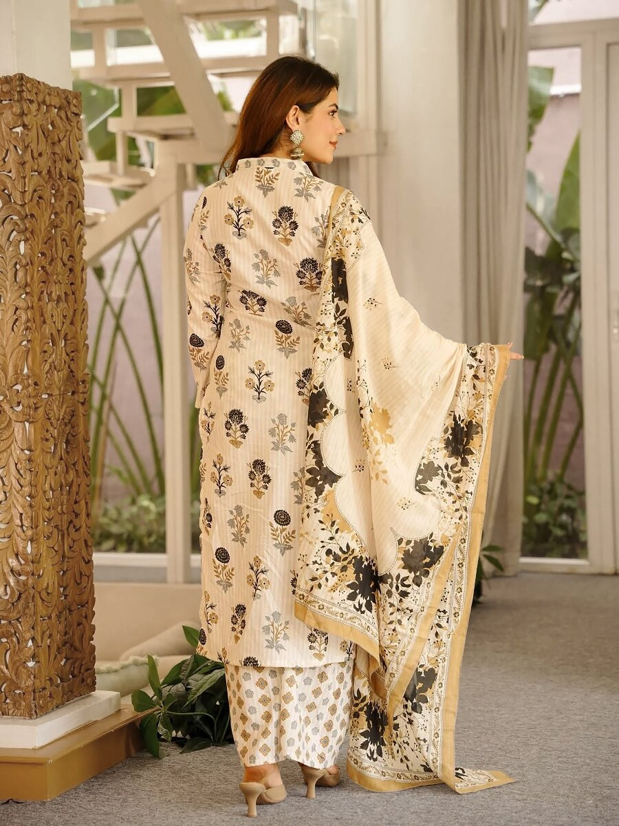 Off White Cambric cottan Printed Wedding Party Festival Casual Ready Palazzo Pant Salwar Kameez