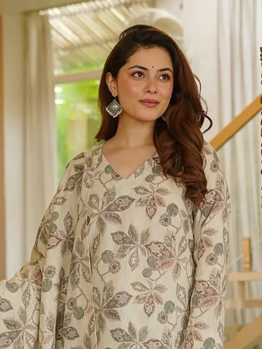 Off White Cambric cotton Floral Printed Party Festival Casual Ready Farsi Pant Salwar Kameez