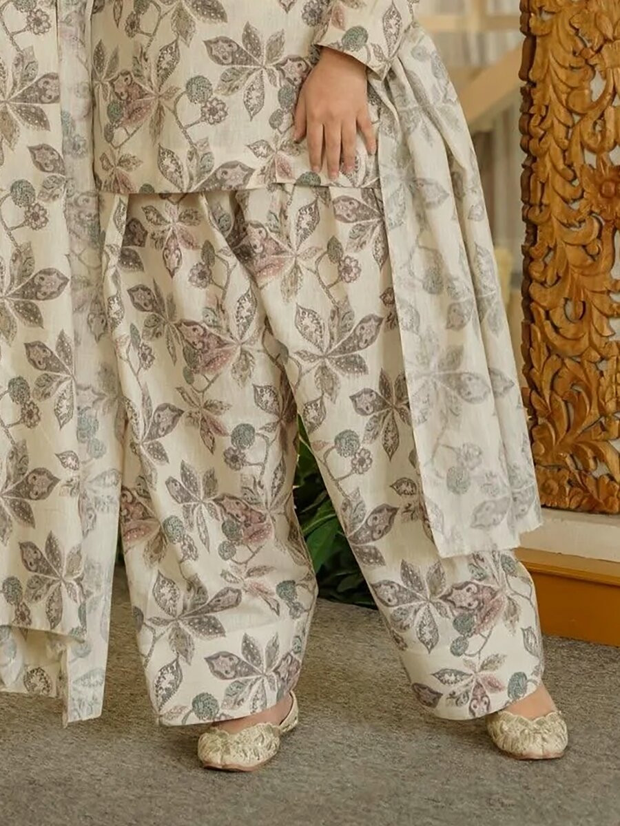 Off White Cambric cotton Floral Printed Party Festival Casual Ready Farsi Pant Salwar Kameez