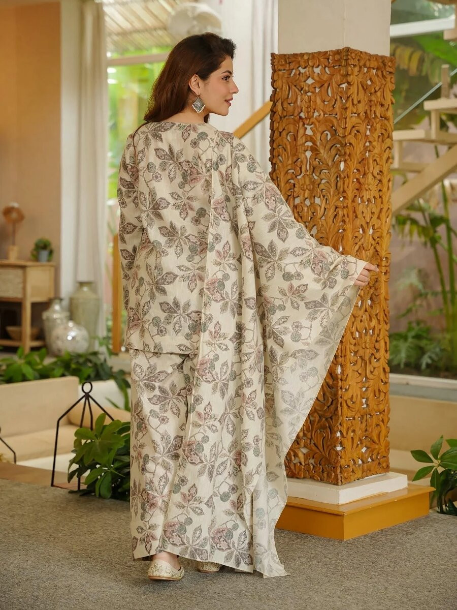 Off White Cambric cotton Floral Printed Party Festival Casual Ready Farsi Pant Salwar Kameez