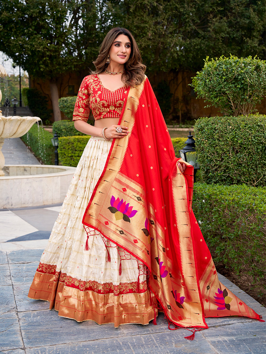 Off White Carika Silk Paithani Embroidery Sequins With Lace Border Wedding Party Festival Traditional Lehenga Choli