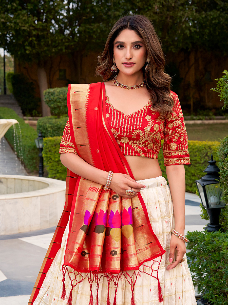 Off White Carika Silk Paithani Embroidery Sequins With Lace Border Wedding Party Festival Traditional Lehenga Choli