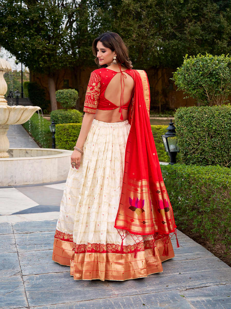 Off White Carika Silk Paithani Embroidery Sequins With Lace Border Wedding Party Festival Traditional Lehenga Choli