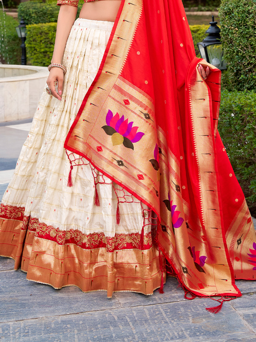 Off White Carika Silk Paithani Embroidery Sequins With Lace Border Wedding Party Festival Traditional Lehenga Choli