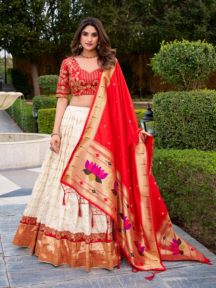 Off White Carika Silk Paithani Embroidery Sequins With Lace Border Wedding Party Festival Traditional Lehenga Choli