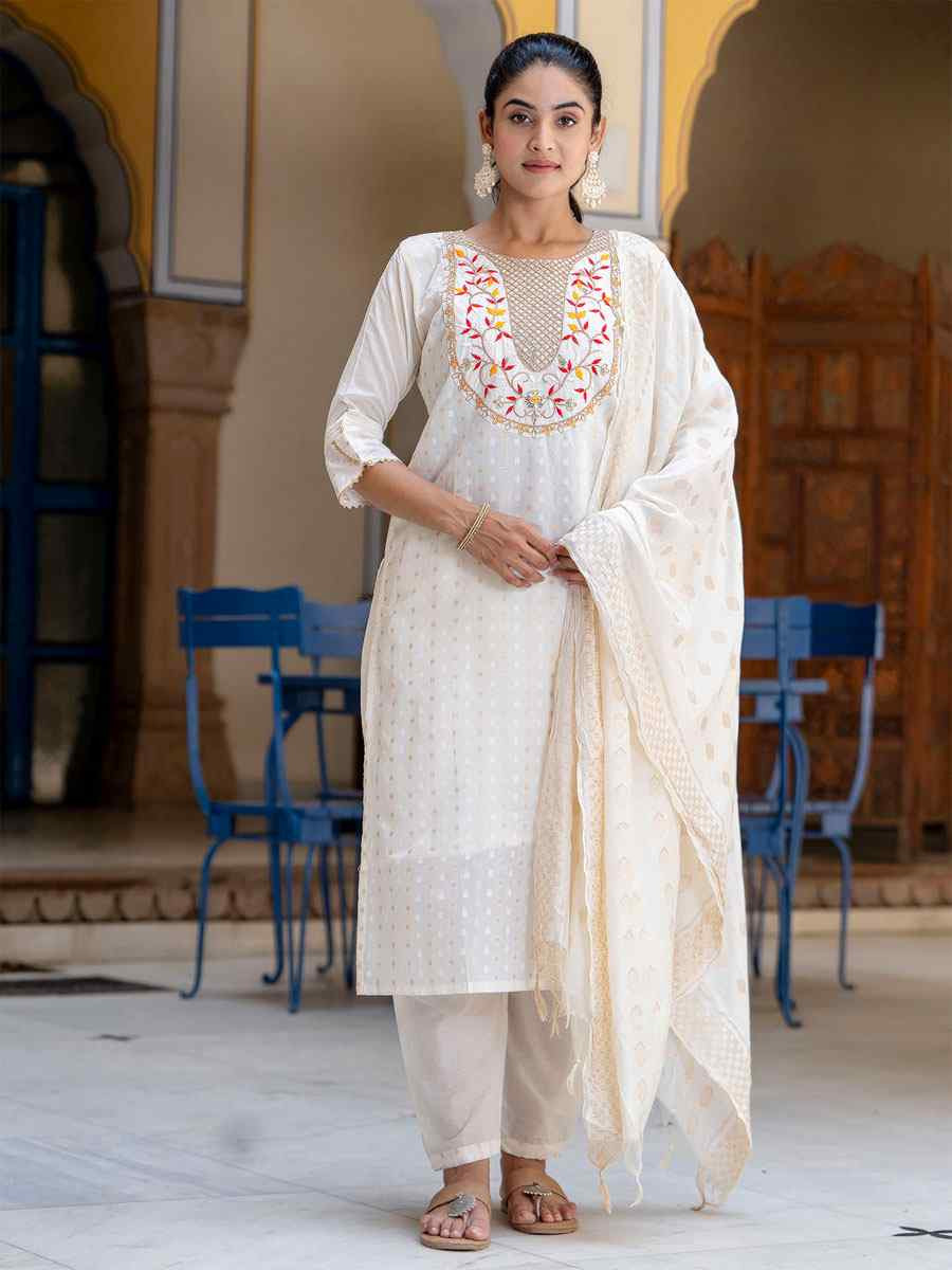 Off White Chanderi Silk Embroidery Party Wedding Festival Casual Ready Pant Salwar Kameez