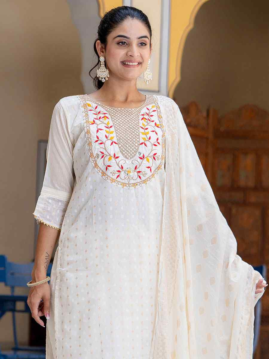 Off White Chanderi Silk Embroidery Party Wedding Festival Casual Ready Pant Salwar Kameez