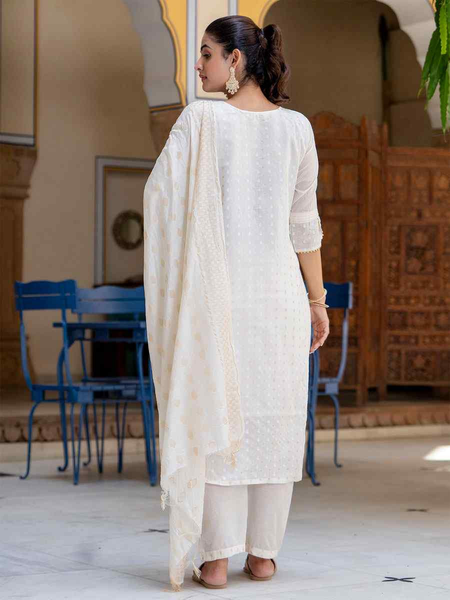 Off White Chanderi Silk Embroidery Party Wedding Festival Casual Ready Pant Salwar Kameez