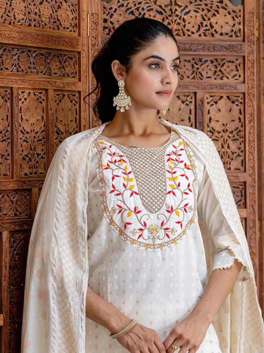 Off White Chanderi Silk Embroidery Party Wedding Festival Casual Ready Pant Salwar Kameez