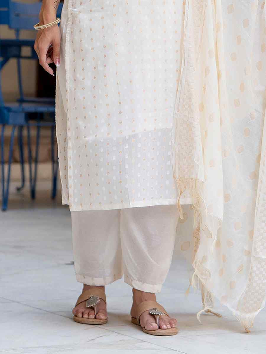 Off White Chanderi Silk Embroidery Party Wedding Festival Casual Ready Pant Salwar Kameez