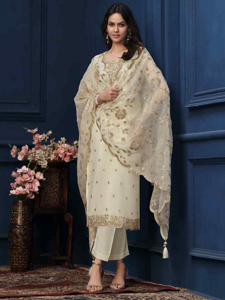 Off-White Chiffon Organza Embroidered Festival Wedding Pant Salwar Kameez