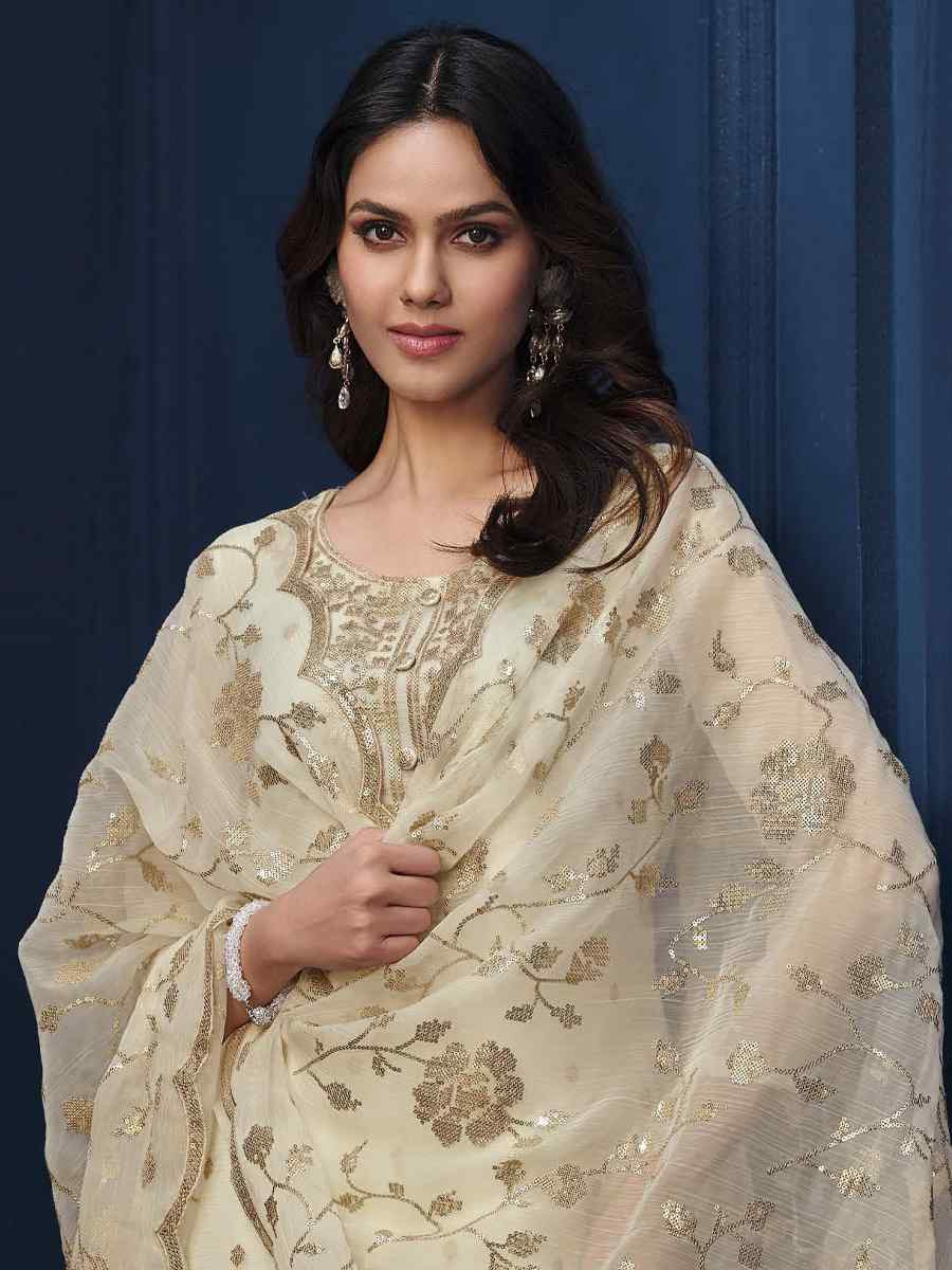Off-White Chiffon Organza Embroidered Festival Wedding Pant Salwar Kameez
