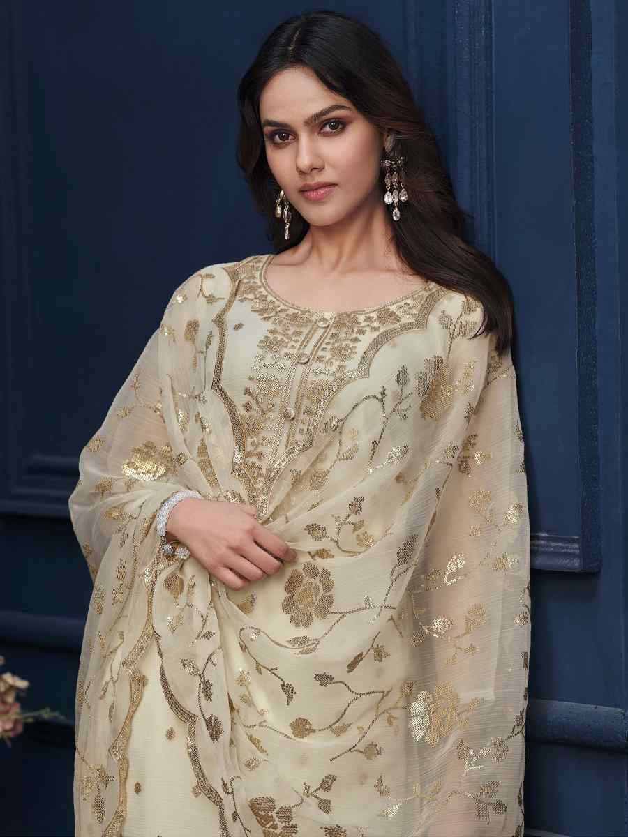 Off-White Chiffon Organza Embroidered Festival Wedding Pant Salwar Kameez