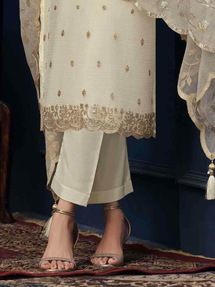 Off-White Chiffon Organza Embroidered Festival Wedding Pant Salwar Kameez