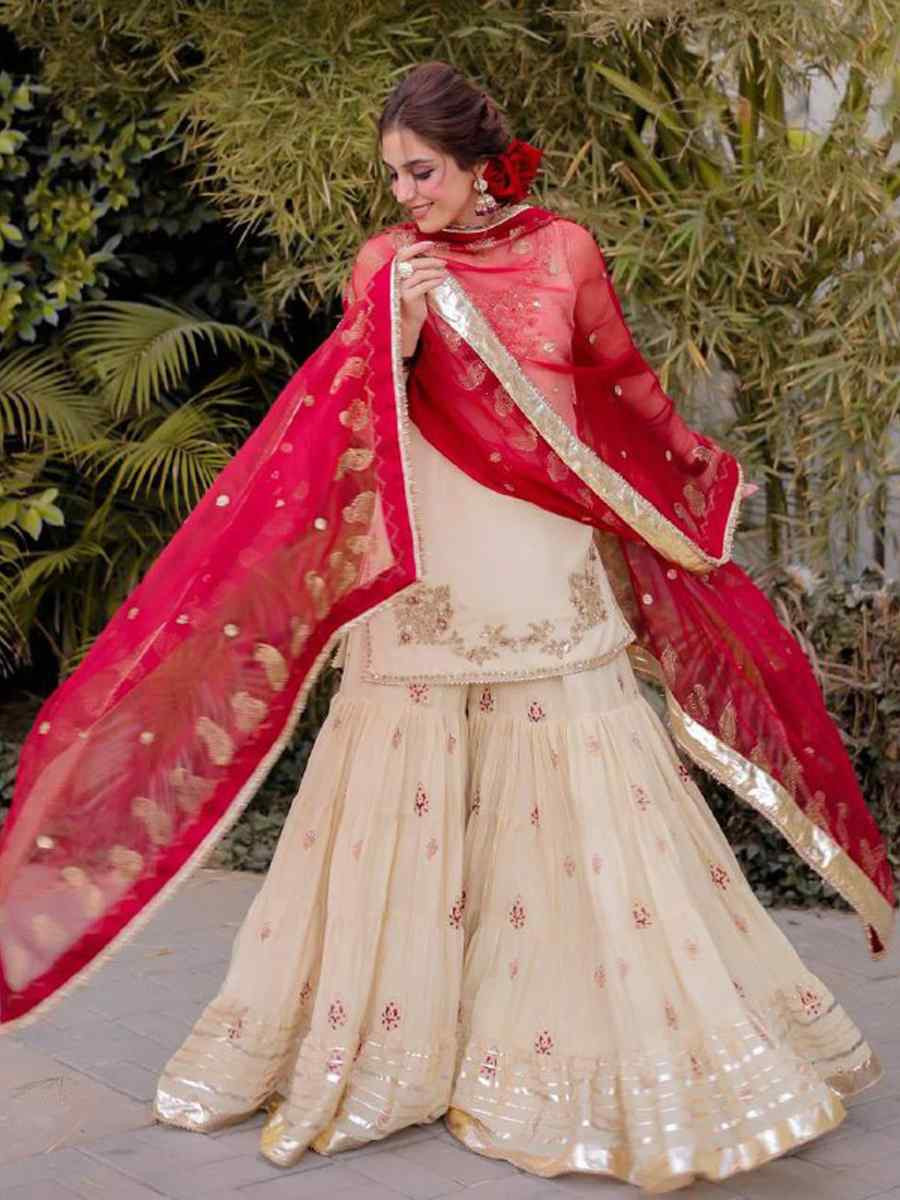 Off-White Chinon Embroidered Festival Casual Ready Sharara Pant Salwar Kameez