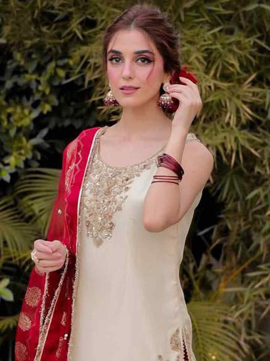 Off-White Chinon Embroidered Festival Casual Ready Sharara Pant Salwar Kameez