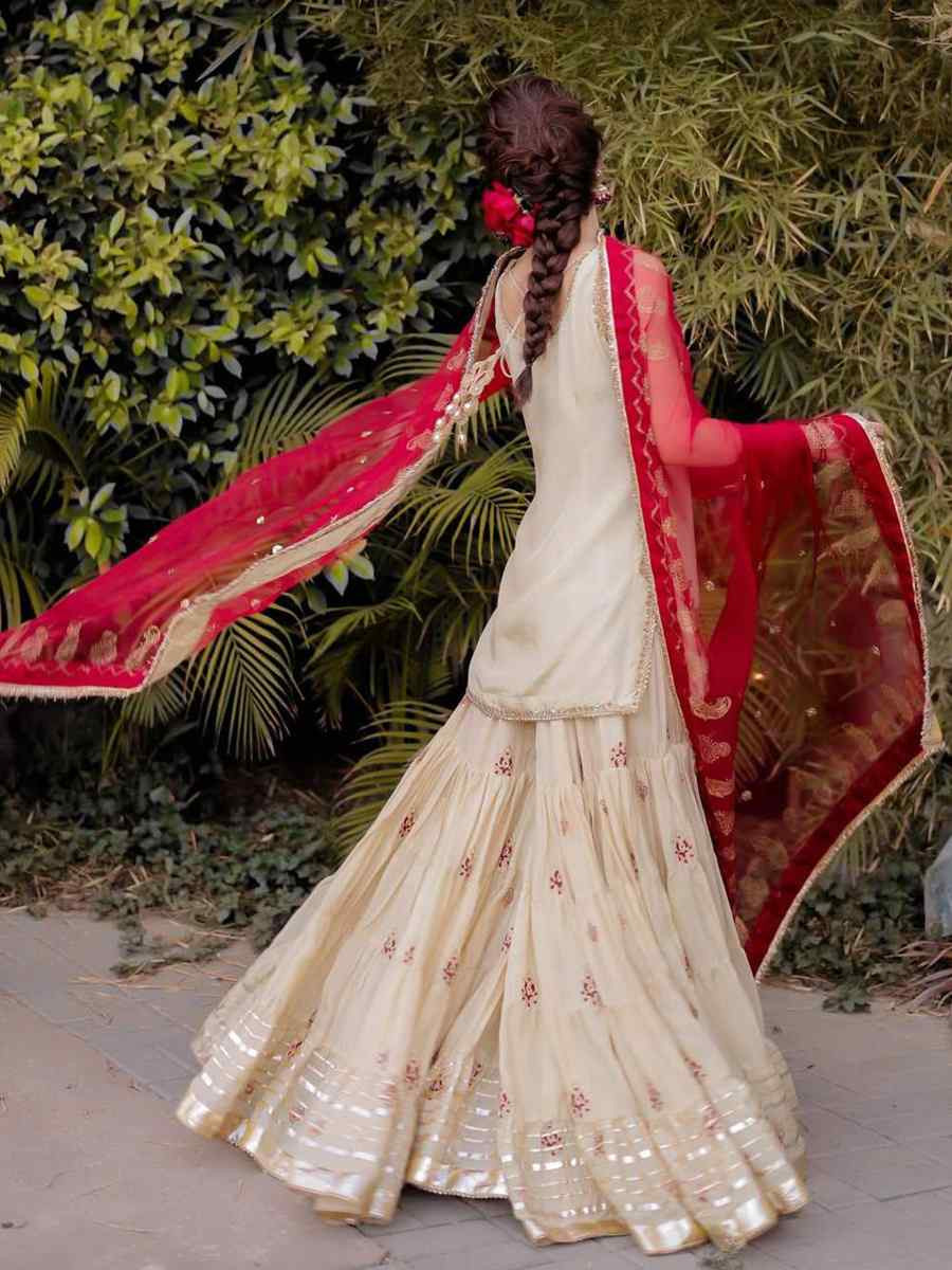 Off-White Chinon Embroidered Festival Casual Ready Sharara Pant Salwar Kameez