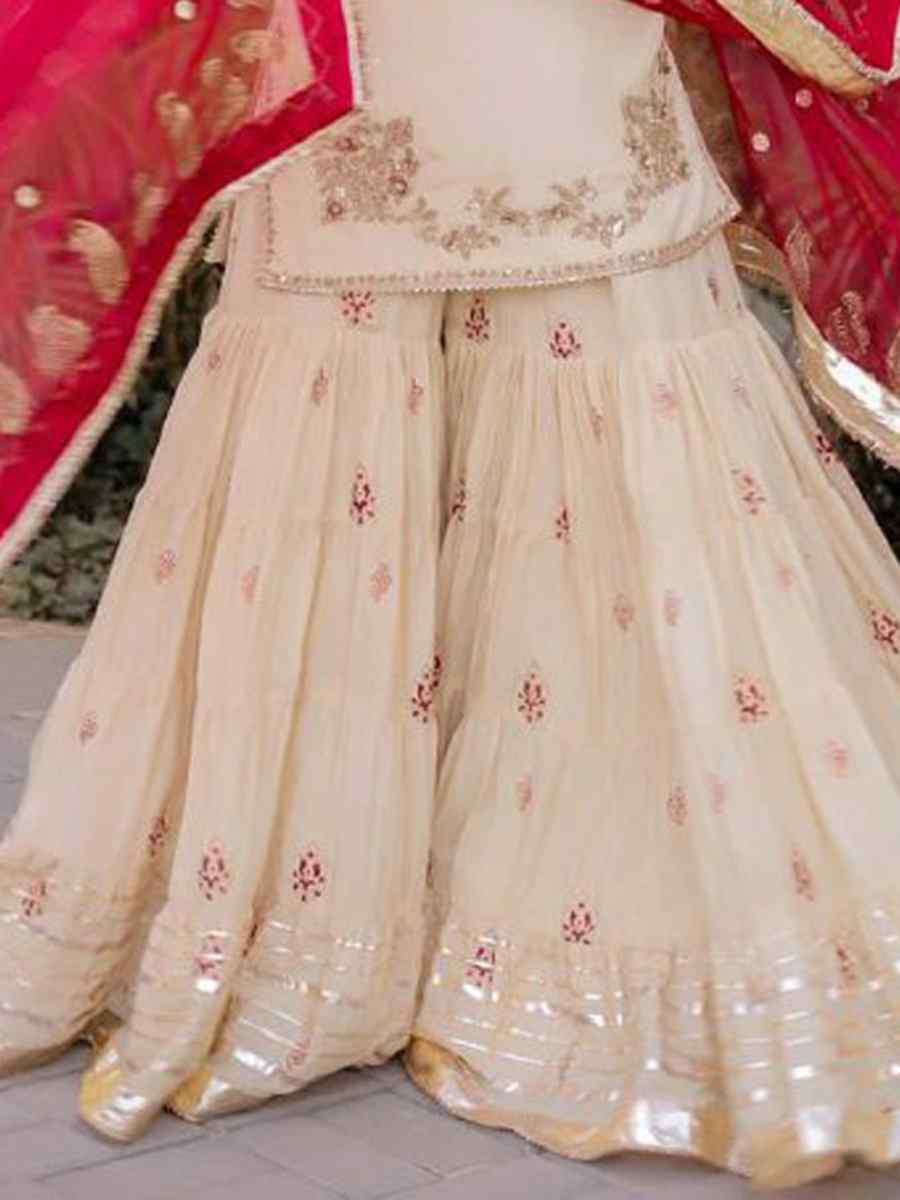 Off-White Chinon Embroidered Festival Casual Ready Sharara Pant Salwar Kameez