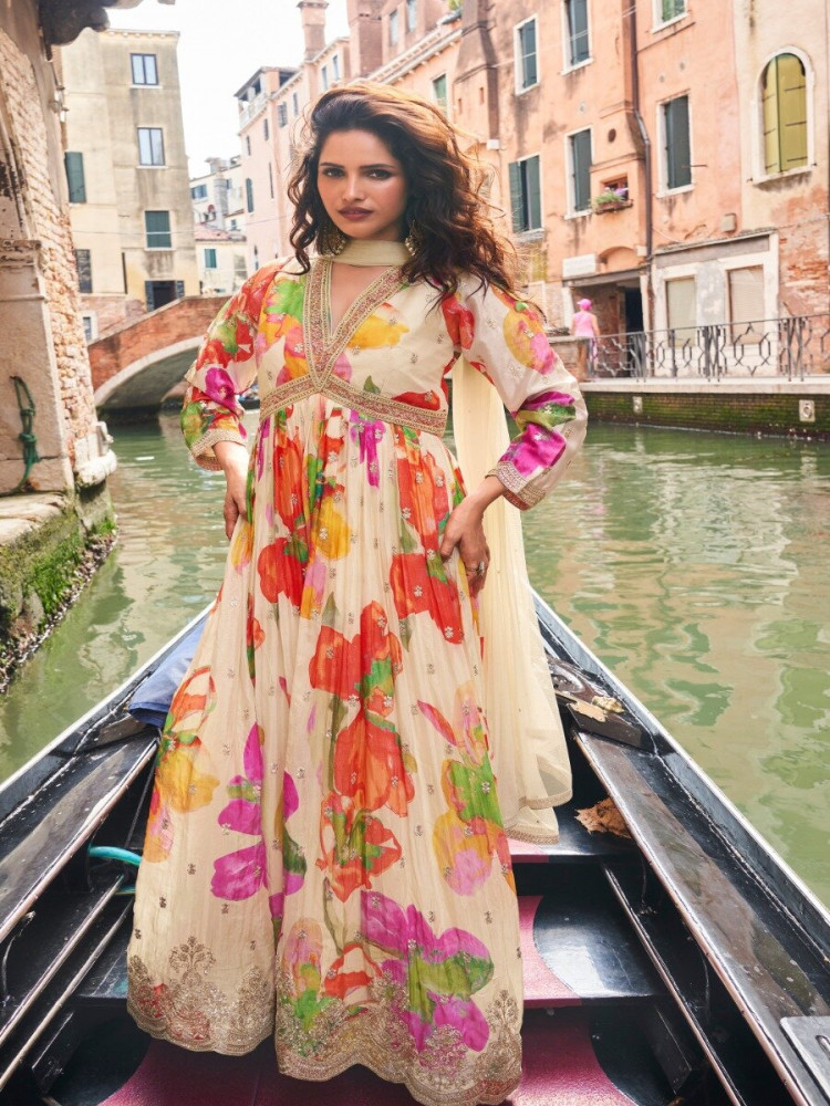 Image of Off White Chinon Embroidery Zari Sequins Wedding Party Festival Ready Anarkali Salwar Kameez