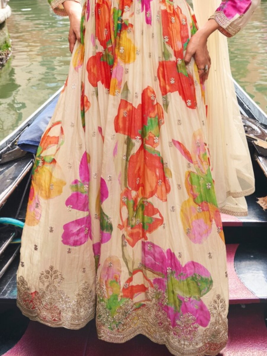 Off White Chinon Embroidery Zari Sequins Wedding Party Festival Ready Anarkali Salwar Kameez